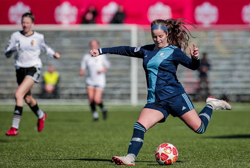 Zoe Rowe, shown in action in Feildians opening game Wednesday, scored both her team's goals in a 2-0 win over their provincial counterparts, the Holy Cross Crusaders, on Thursday. — NLSA photo/Twitter