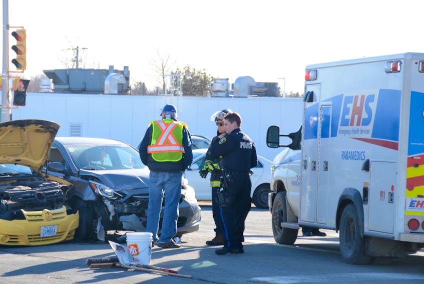 Paramedics were able to respond to a collision like this one on South Albion Street in Amherst, but figures released in late January by the union representing Nova Scotia paramedics show that, province-wide, units were half-staffed or out of service 989 times between Oct. 1 and Dec. 31, 2018. File Photo