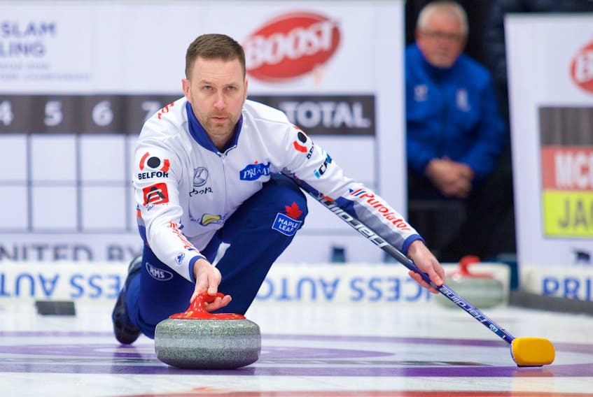 Brad Gushue slides into the quarter-finals against Switzerland's Peter de Cruz at 5 p.m. today at the Conception Bay South Arena. — Grand Slam of Curing/Anil Mungal