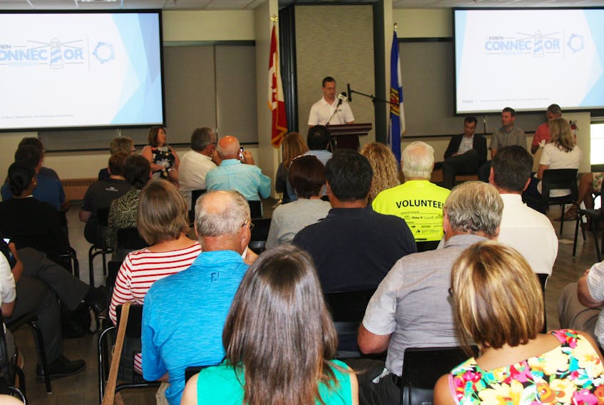 A large crowd came out for the launch of the Eastern Strait Regional Enterprise Network Connector Program, Aug. 1, at the CACL/Royal Canadian Legion building in Antigonish. Pictured speaking during the event is co-ordinator Matt Berrigan.