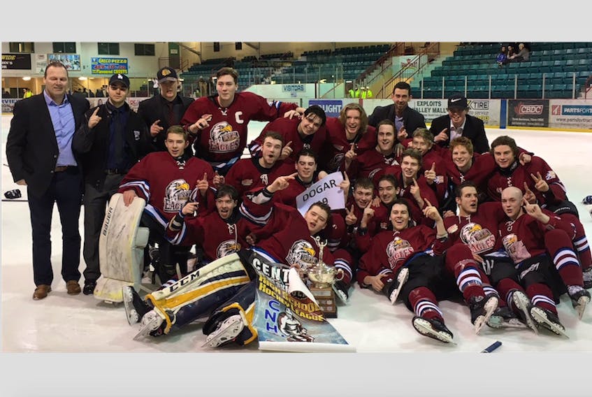 The Exploits Valley High Eagles won the Central High School Hockey League title, a repeat from last season. Pictured, front, from left, Ben Rideout, Michael Day, Aaron Stacey, Douglas Hennessy, Jake Sparkes, Jacob Mercer and Jeffrey Fewer; centre, from left, Mitchell Dinn, Chris Coole, Zac Collins, Seth Browne; back, from left, head coach Glenn Casey, Austin Dube, Brady Ward, captain Dylon Boone, Matthew Sooley, Ethan Smith, assistant coach Corey Keats, Dustin Lane, Joseph Toope, Colin Murphy, Matthew Dicks and Dylon Tulk.