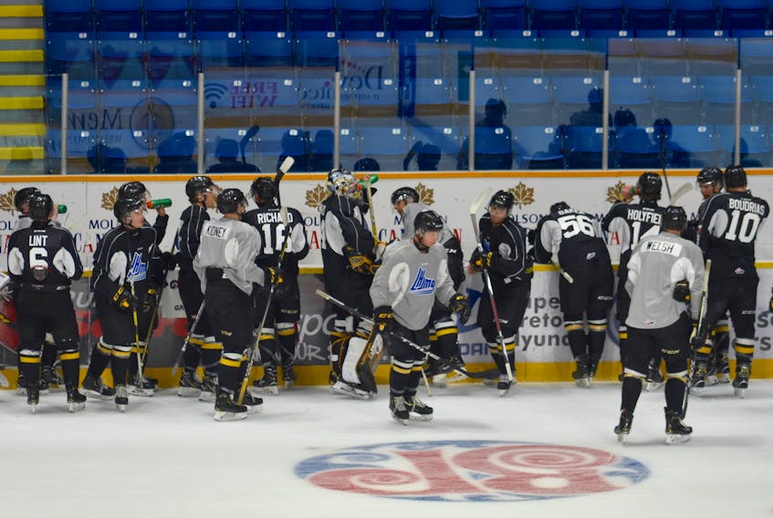 Players attending the Cape Breton Eagles 2019-2020 training camp take a water break during a recent workout at Centre 200. A dozen of the 54 players invited to this year's camp has either voluntarily left the team or have been reassigned. A total of 42 players remained on the training camp roster heading into Sunday's pre-season game against the Halifax Mooseheads in Dartmouth. The Eagles play their first pre-season  home game on Tuesday against the Mooseheads at Centre 200. The puck drops at 7 p.m.