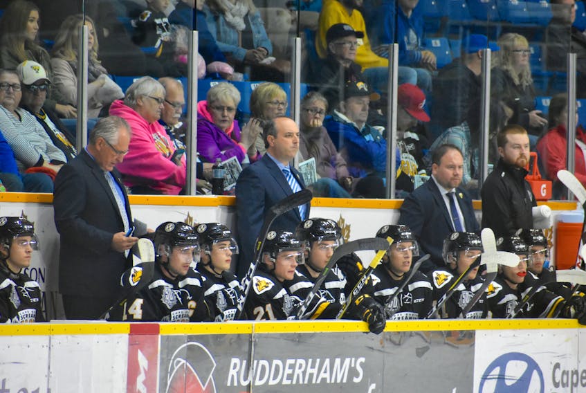 Shown above is the Cape Breton Screaming Eagles bench during Thursday’s game against Blainville-Boisbriand at Centre 200 in Sydney. Irwin Simon, founder and former CEO of Hain Celestial, confirmed to the Cape Breton Post on Sept. 23 his intentions to be part of the Cape Breton Screaming Eagles ownership. Screaming Eagles chair of the board Stuart MacLeod says the process is ongoing.