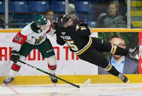Halifax Mooseheads rookie Zack Jones upends Cape Breton Eagles defenceman Kyle Havlena during Québec Major Junior Hockey League action on Saturday in Sydney. The rookie forward may have gotten the upper hand on the penalty-less play, but Havlena and the Eagles had the last laugh as they skated to a 5-1 win before an appreciate crowd of 3,665 at Centre 200.