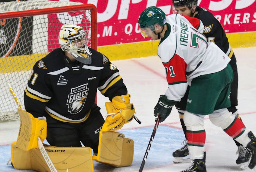 Cape Breton goalie Kevin Mandolese covers up a loose puck and gives Halifax’s forward Maxim Trépanier a look that suggests that it will be hard for the Mooseheads player to score. And it was. Mando, who made his first start since October, held the Herd to a single goal as Cape Breton defeated Halifax 5-1 before a crowd of 3,665 at Centre 200 in Sydney on Saturday.