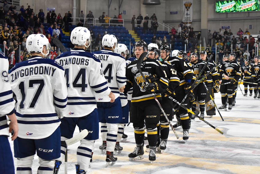 The Cape Breton Screaming Eagles and Rimouski Océanic shake hands following Game 5 of the Quebec Major Junior Hockey League quarter-final at Centre 200 on Friday. Rimouski won the game 5-3 and take the best-of-seven series 4-1.