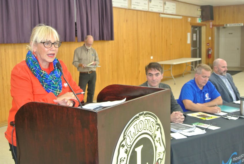 Cumberland-Colchester Liberal candidate Lenore Zann answers a question during an Eat Think Vote all candidates forum at the Amherst Lions Club on Monday while Green Party candidate Jason Blanch, Conservative candidate Scott Armstrong and People’s Party of Canada candidate Bill Archer look on.