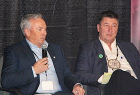 Municipality of the County of Antigonish Warden Owen McCarron and Paqtnkek First Nation Chief Paul ‘PJ’ Prosper addressing those in attendance for the First Nation-Municipal Regional Economic Development Forum - Anku’kamkewey – Stronger Together - held in Paqtnkek May 14.