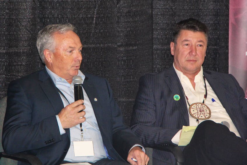 Municipality of the County of Antigonish Warden Owen McCarron and Paqtnkek First Nation Chief Paul ‘PJ’ Prosper addressing those in attendance for the First Nation-Municipal Regional Economic Development Forum - Anku’kamkewey – Stronger Together - held in Paqtnkek May 14.