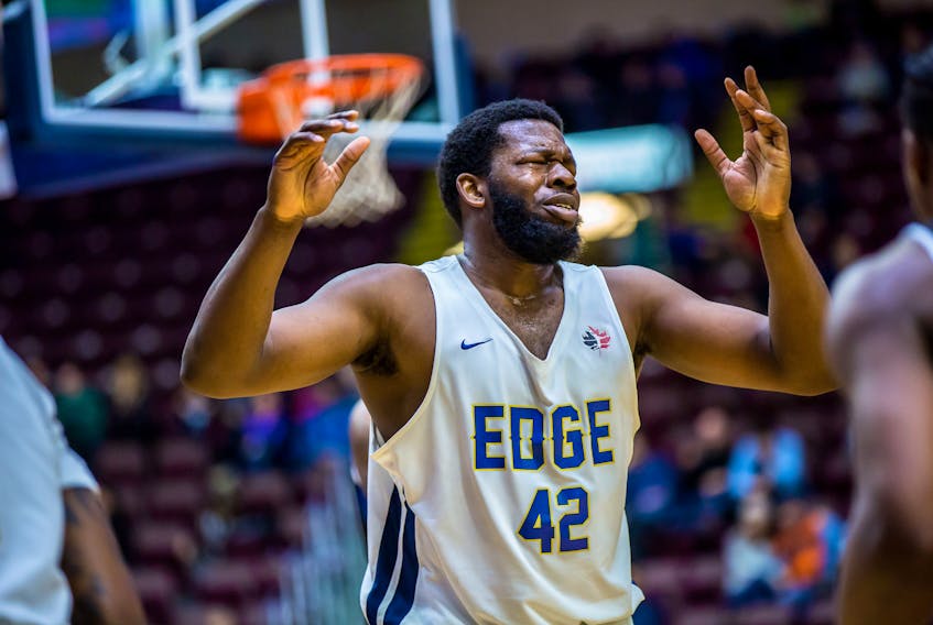 It turned out be a frustrating night for Olu Ashaolu (42) and the St. John's Edge Friday at Mile One Centre as they lost 84-82 to the Saint John Riptide. — St. John's Edge photo/Jeff Parsons