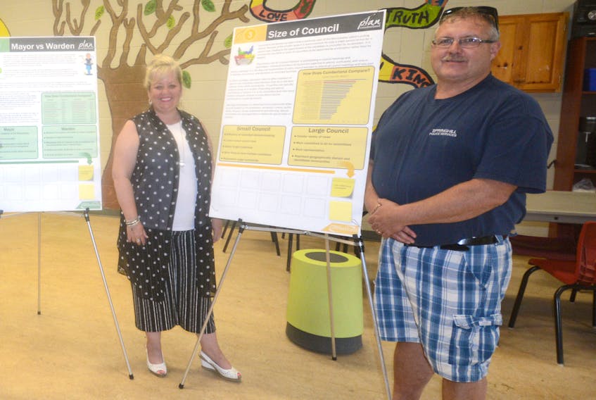 Cumberland County councillors Maryanne Jackson and Doug Williams recently discussed reducing the size of county council at a public feedback session held at the Dr. Carson & Marion Murray Community Centre in Springhill.
