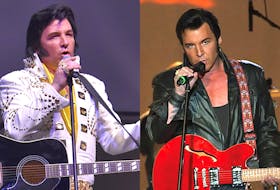 Elvis impersonator Thane Dunn, left, as a heavier 1970s Elvis and, right, as the king of rock 'n' roll when he was at his physical peak.