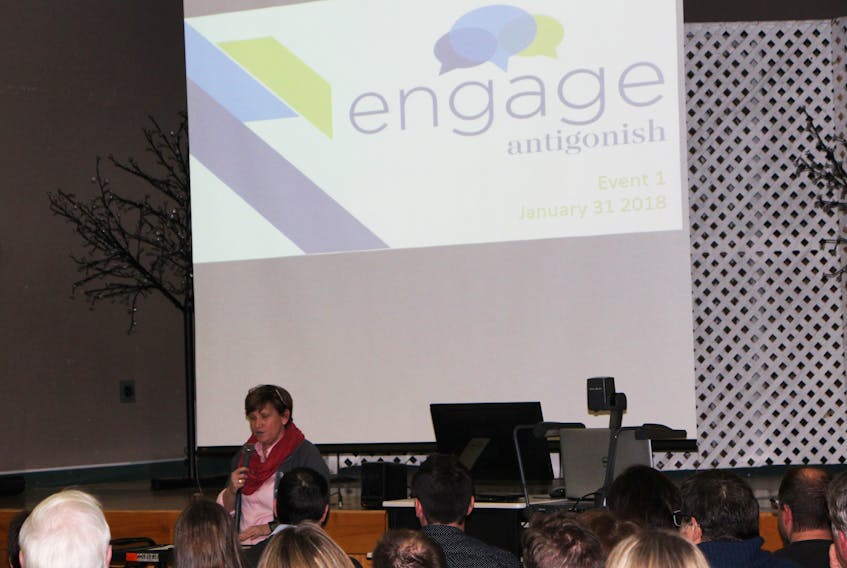 Antigonish Mayor Laurie Boucher greeted the large number of folks who attended the first Engage Antigonish event Jan. 31. A second session is scheduled for next Thursday, April 12, from 6:30 to 9 p.m. at St. Ninian Place. File