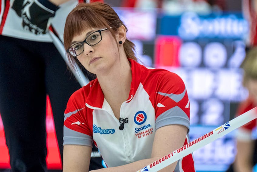 In this file photo from the 2018 Scotties tournament of Hearts Canadian women's curling championship, Newfoundland and Labrador lead Erica Trickett follows a rock she's just thrown. Stacie Devereaux. who was skip of the Newfoundland and Labrador Scotties representatives the last three years, isn't competing at the provincial ladies championship, being held this week at Bally Haly Country Club in St. John's, but the other three members are back, with Trickett as skip. — Curling Canada file photo/Andrew Klaver