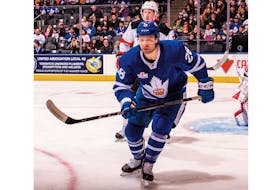 Giorgio Estephan is the co-scoring leader for the Newfoundland Growlers, but recently has been a fixture in the lineup of the AHL's Toronto Marlies, whose roster includes seven players who were regular fixtures in the Growlers' lineup during the 2019-20 ECHL season. — Toronto Marlies photo