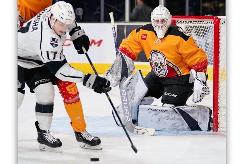 After just two games with the AHL's San Antonio Rampage, including a start against the Ontario Reign St. John's native Evan Fitzpatrick (right) has been recalled by the NHL's St. Louis Blues — San Antonio Rampage photo/via Flickr