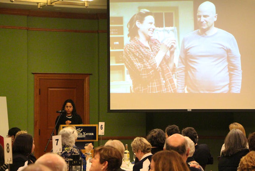 Festival Antigonish managing director Reema Fuller addressing the full-house on hand at the Coady International Institute’s Marjorie Desmond Hall, Jan. 25, to hear the announcement of the festival’s 2019 lineup. On a large screen overlooking the dinner set-up, images of past plays and seasons played.