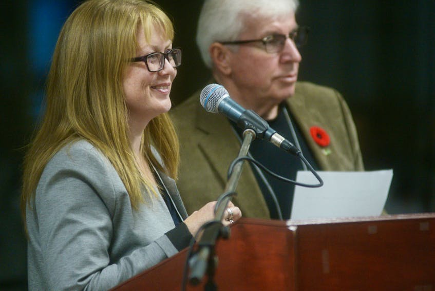 Municipal Affairs manager Samantha Murphy speaks on the implementation of the new Municipal Government Act during the Federation of Prince Edward Island Municipalities’ semi-annual meeting at Montague Curling Club on Saturday. Next to Murphy is FPEIM president Bruce MacDougall. MITCH MADCONALD/THE GUARDIAN