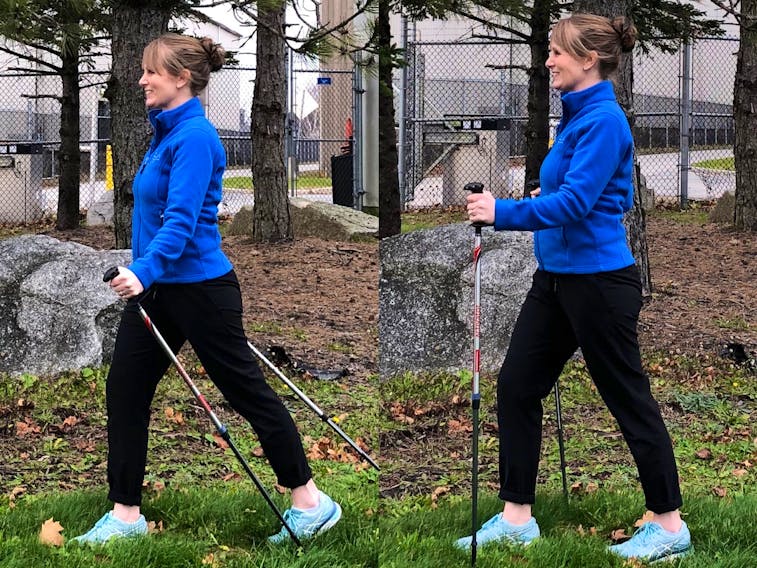 If walking poles are new to you, it’s a good idea to get some formal training on their use. Physiotherapist Laura Lundquist is shown here demonstrating Nordic walking (left) and the Activator technique (right). - Photo Contributed.