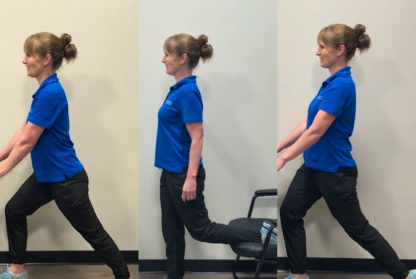 Physiotherapist Laura Lundquist demonstrates (from left to right) calf, quad and hip flexor stretches. - Photo Contributed.