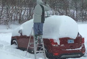 Karen Watson's job was to take this fun photo of her husband, Bob, cleaning off the car following a significant "dump" in Kentville, NS, earlier this month.  No word on whether Bob thought his job was fun!  There was so much snow he decided that a ladder would make the job a little easier.  Did the Watsons' wait until the plow was nearby?