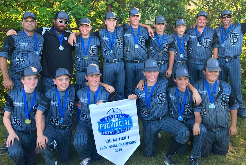 The Springhill Fencebusters won the Nova Scotia 13U AA Tier 1 championship in Dartmouth on Sept. 1 with a 9-4 win over New Glasgow. The Fencebusters are hosting the Atlantic championship tournament at Fencebuster Field from Sept. 13 to 15. Members of the team include: (front, from left) Kyler Edwards, Sawyer Harvey, Nolan McNally, Phoenix Remington, Chase Livingston, Mandel Nickerson, coach Scott Millard, coach Kyle Remington, Gregor Millard, Reese MacDonald, Trey Smith-Johnston, Kieran Sears, Liam Brown, coach John McNally and coach Brian Johnston.