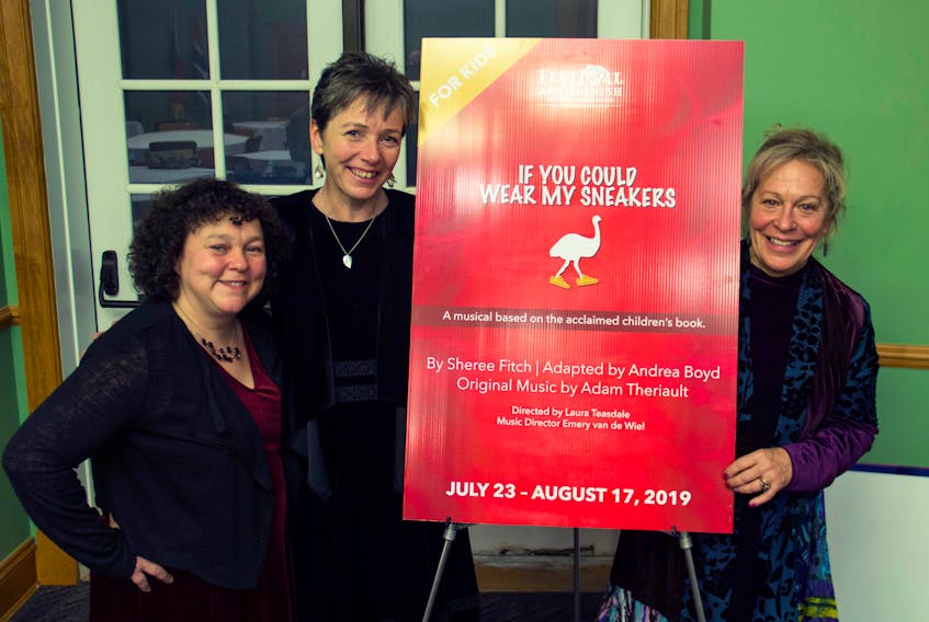 If You Could Wear My Sneakers, the award-winning children’s book by Sheree Fitch, will hit the stage at Festival Antigonish this summer. Pictured at the season launch held in Antigonish earlier this year are, from left, Laura Teasdale (director, If You Could Wear My Sneakers); Andrea Boyd (artistic director, Festival Antigonish); and Fitch.