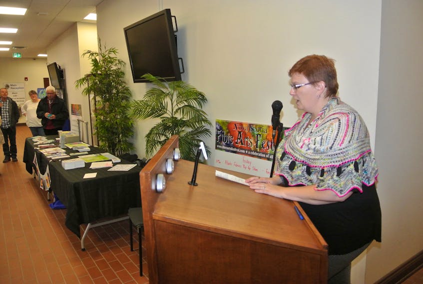 Denise Corey, chair of the 2018 Nova Scotia Fibre Arts Festival, talks during the 11th annual festival that celebrates all things fibre. The festival runs until Saturday at various locations around Amherst.