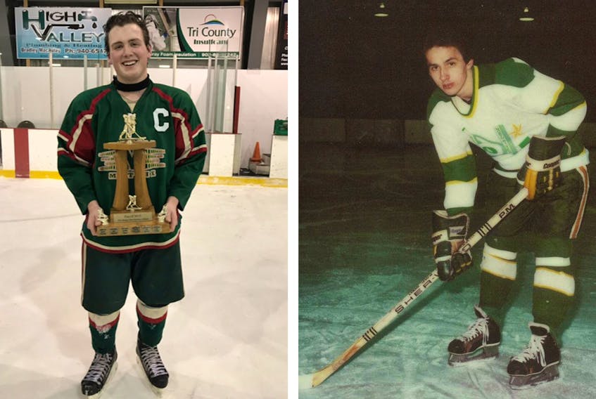 Terry (Hank) Trainor, right, played with the North River North Stars while his grandson Nick Trainor was the MVP of the P.E.I. midget AAA league earlier this month.