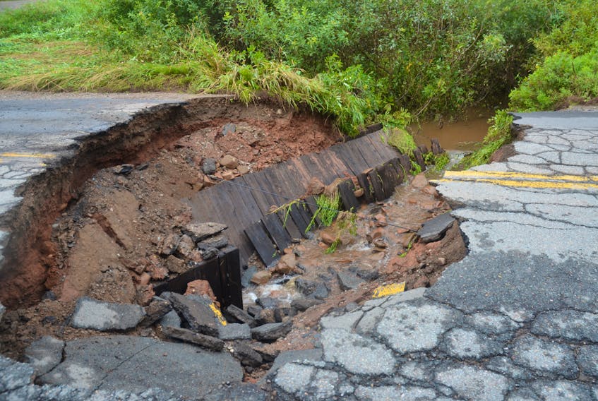 One of the harder-hit areas by Post-Tropical Storm Erin in Kings County was a segment of road between Rockwell Mountain Road and Thorpe Road completely washed out by flood waters.