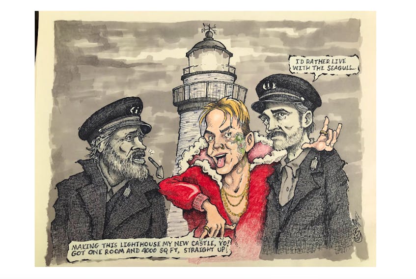 Cartoon of Willem Dafoe and Robert Pattinson of The Lighthouse, filmed at Cape Forchu in Yarmouth County, and American rapper Aaron Carter, who earlier in October made headlines when he implied he was moving to Yarmouth, N.S. FRASER MOONEY CARTOON - Submitted