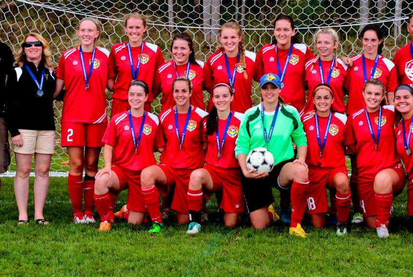 Members of the Fundy United Under-17 girls team that won the Highland League title and finished second in the Eastern Soccer League and Soccer NS Tier IIB provincials include: (front, from left) Olivia Merlin, Katy Baker, Keira Dyck, Kelsey Boudreau, Chloe Ripley-Stubbert, Becca Fromm, Darcy Gould, (back, from left) coach Dan MacSwain, manager Jennifer Maplebeck, Ceiledh Bennett, Brianna Warwick, Hanna Langille, Anna Crossman, Jenny Mingo, Jenna Gower, Hillary Maplebeck and coach Ron Gould.