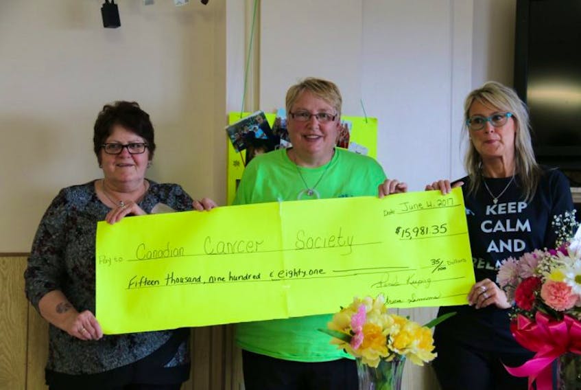 Pictured (from left) emcee Brenda Strickland, chairperson Patricia Simms and co-chair Pam Keeping proudly display the large donation presented to the Canadian Cancer Society.