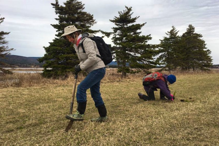 Volunteers Julia Briffett and Judy May planted white spruce and eastern larch seedlings during a Nature Conservancy of Canada Riverside Restoration project on May 6.