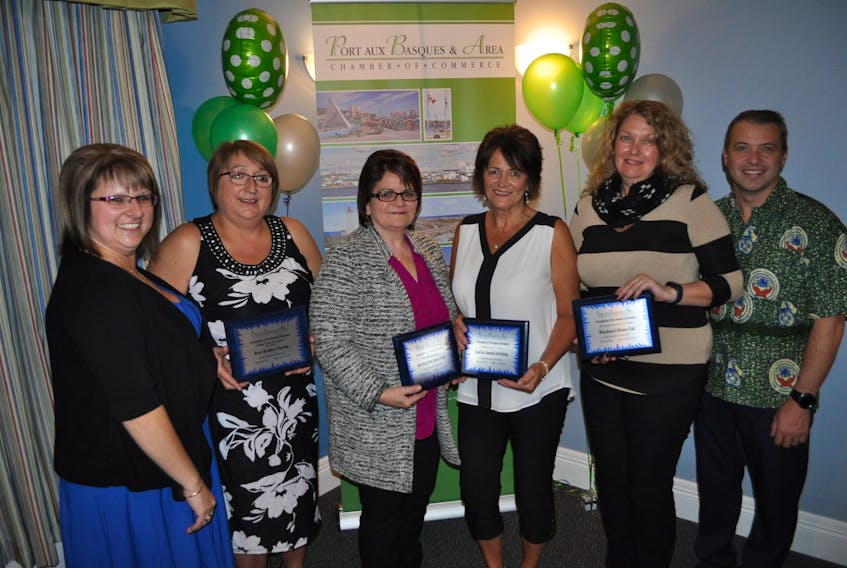 Port Aux Basques and Area Chamber of Commerce award winners. From left: Natashua Osmond, managing co-ordinator for the Port aux Basques and Area Chamber of Commerce, Margie MacDonald for Rowe Brothers Flooring, Kathy Carew for Body Releaf Holistic Massage Therapy, Cheryl Dingwell for OrganicTan & SunnaSmile Teeth Whitening, Joanne Strowbridge for Woodward Motors Group, and Cory Munden of the Leading Edge Credit Union, which sponsored the awards. J. R. Roy/Special to The Gulf News