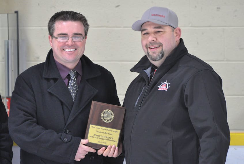 Mark Lawrence was named Coach of the Year prior to the start of Game 1 of the West Coast Senior Hockey League playoffs in Port aux Basques on Feb. 17.