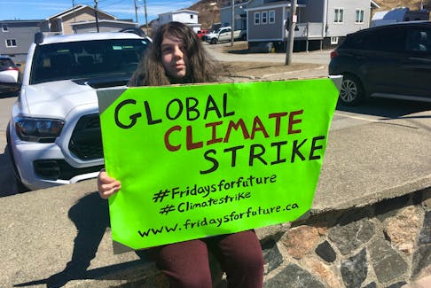 Emma Osmond was the lone striker in Port aux Basques helping to raise awareness about climate change on Friday, May 3.