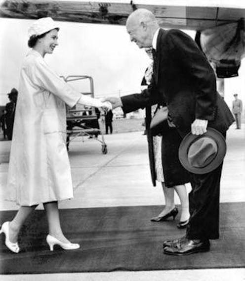 Queen Elizabeth II shakes hands with then President Dwight Eisenhower on June 23, 1959 as they prepare to officially open the St. Lawrence Seaway. - Montreal Star