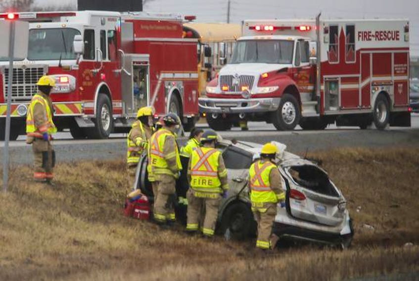 Fire, EHS and RCMP attend the scene of a single vehicle crash on Highway 102 in December 4. File