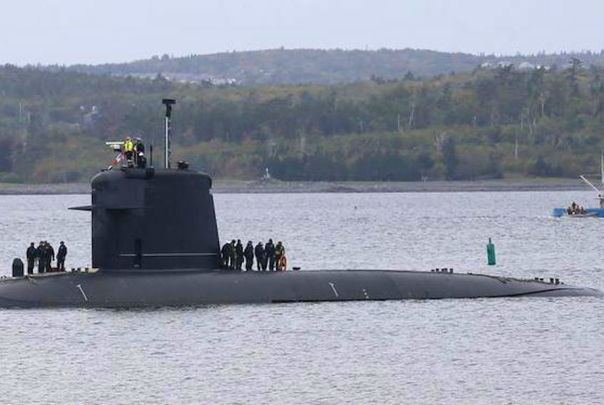 A French Rubis class, nuclear-powered submarine, arrives at Shearwater on Friday.