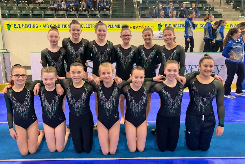 Members of Gymnastics P.E.I. pose for team photo during competition at the Atlantic championships held recently in Fredericton, N.B. Front row, from left: Payton Maund, Bridget Philpott, Jessee Hill, Amy Hennessey, Ella Nichol and Ella Drake. Back row: Madison MacDonald, Alivia Arsenault, Clara Arsenault, Callie Delaney, Madeleine Pigeon, Jayda McMahon and Shaheena Elgharib.