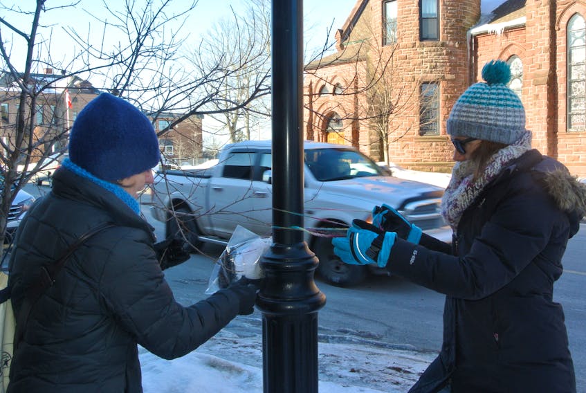 Colleen Dowe (left) of Empowering Beyond Barriers and Alison Lair of the Cumberland YMCA place a bag with gloves on a pole on Victoria Street in Amherst. It’s the second year for the program that provides gloves, mittens or hats for pedestrians who forgot theirs at home. Darrell Cole – Amherst News