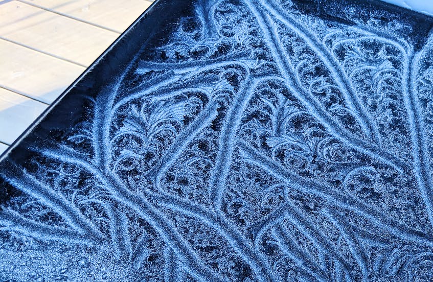 Early last Friday morning, before the sun had a chance to melt away the art, Norm Pinsky spotted this stunning frost pattern on his glass patio table in Hubley NS.  This intricate frost is known as fern frost, and you can see why!