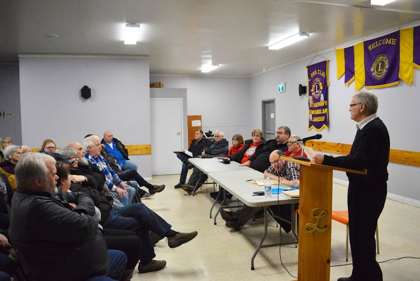 President of the Grenfell Memorial Co-Op board of directors John Budgell speaks during its Annual General Meeting Tuesday night.