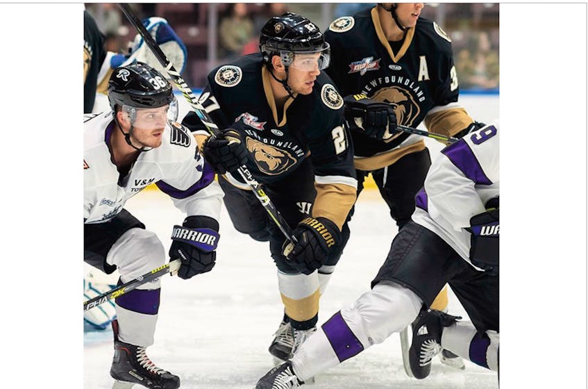 It was tough sledding for Matt Bradley (27) and the Newfoundland Growlers against the Reading Royals Sunday. — Twitter via Newfoundland Growlers