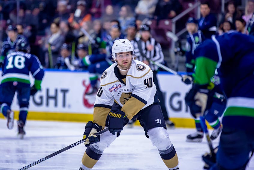 Forward Alec Baer was one of three players who made their Newfoundland Growlers debuts Tuesday night in an ECHL game against the Maine Mariners at Mile One Centre. — Newfoundland Growlers photo/Jeff Parsons