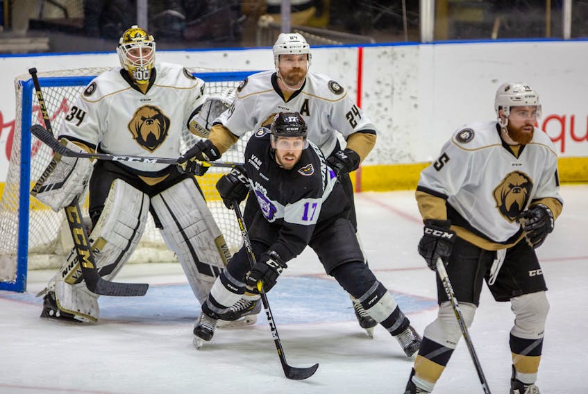 Michael Garteig (34), Alex Gudbranson (24), Todd Skirving (15) and the rest of the Newfoundland Growlers are looking to get the best of Michael Huntebrinker and his Royals teammates in Reading, Pa., this weekend.