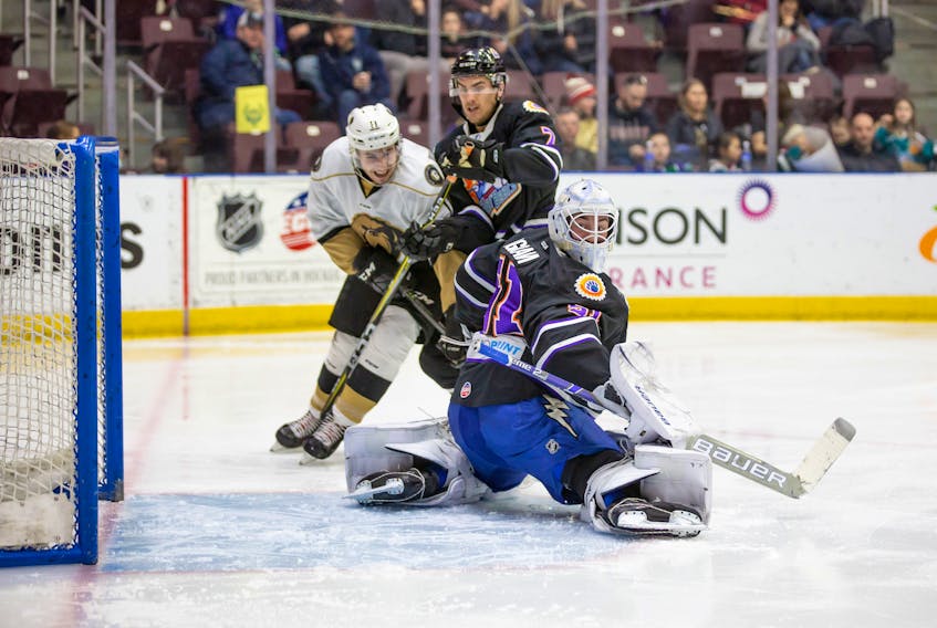 Goalie Connor Ingram, Tayler Thompson (7) and the Orlando Solar Bears got the better of Derian Plouffe (11) and the Newfoundland Growlers Saturday night. — Newfoundland Growlers/Jeff Parsons