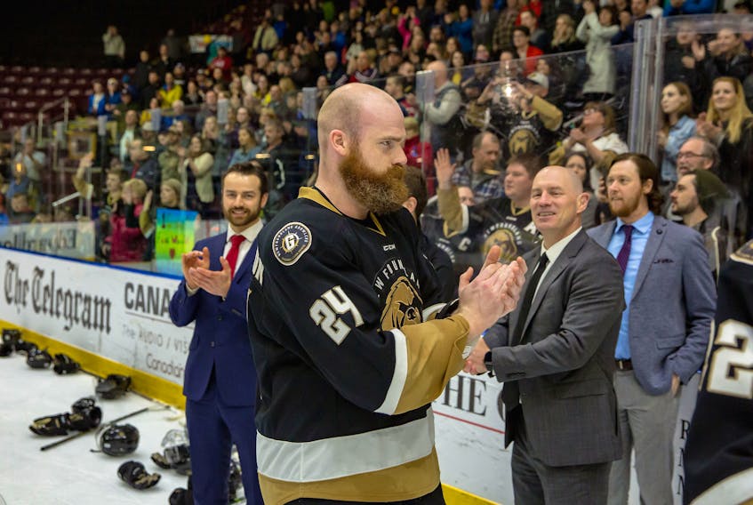 Alex Gudbranson (24) doesn't play with a lot of flash, but the play of the Newfoundland Growlers defenceman is still worth applauding. — Newfoundland Growlers photo/Jeff Parsons