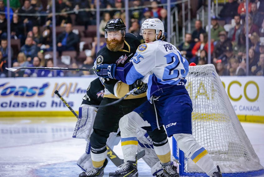 Like Alex Gudbranson (left) and the Newfoundland Growlers, Ryan Pope and the Toledo Walleye showed what they're made of in Game 1 Saturday night at Mile One Centre. — Newfoundland Growlers photo/Jeff Parsons